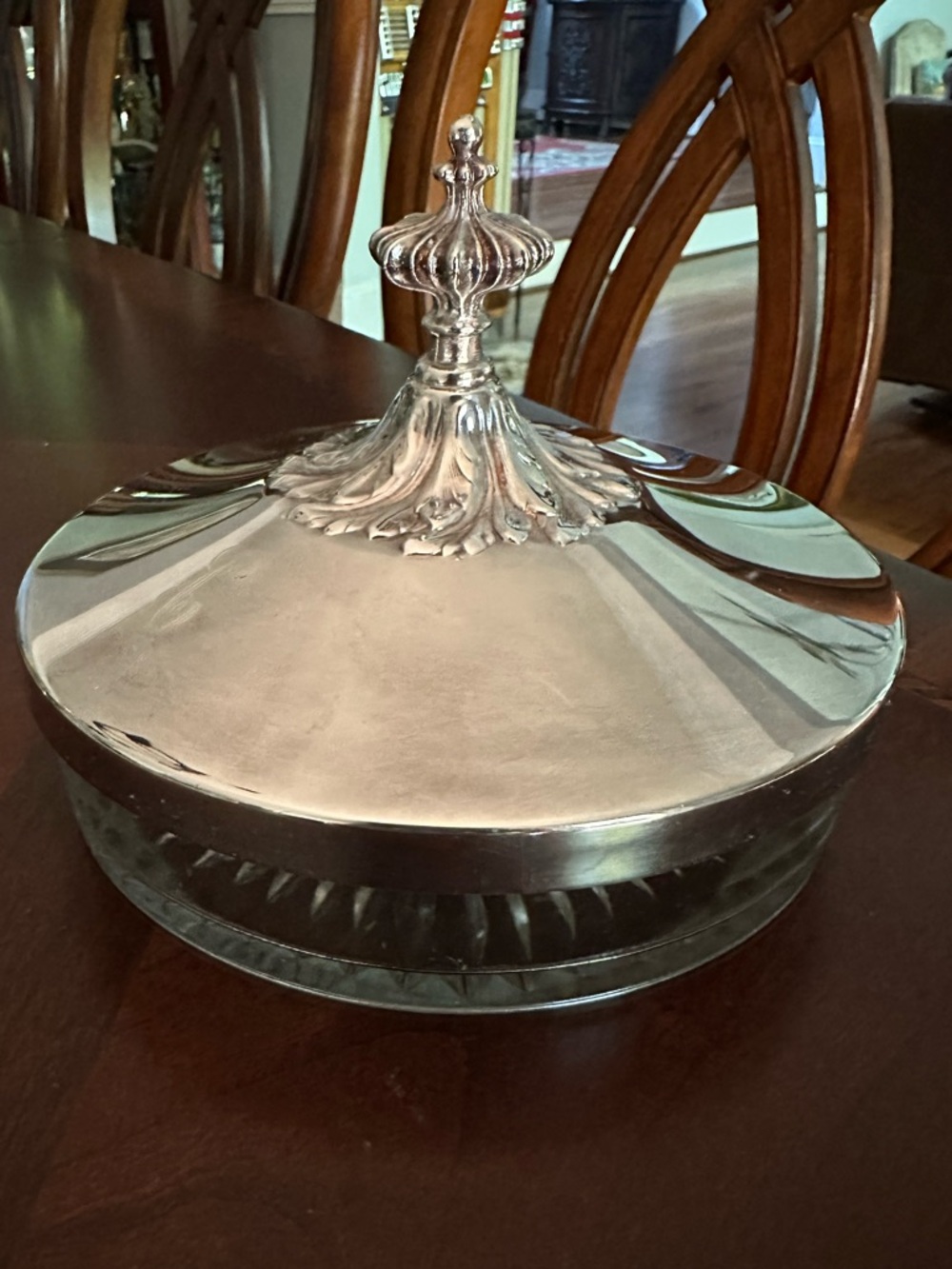 Vintage Newport EPYB Divided Crystal Glass Dish with Silverplate Lid 7” Diam EUC